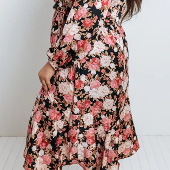 Plus Size Floral Wrap Dress Light pinks and blush hued floral print. - Picture 3 of 10